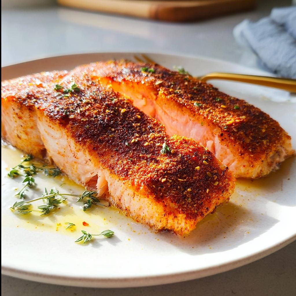Two perfectly cooked salmon fillets seasoned with spices, served on a white plate with fresh thyme.