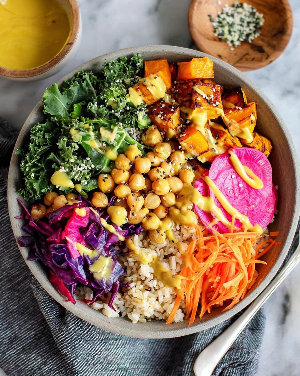 A vibrant and healthy vegan rice bowl recipe filled with roasted butternut squash, chickpeas, kale, shredded carrots, red cabbage, and pickled radish.