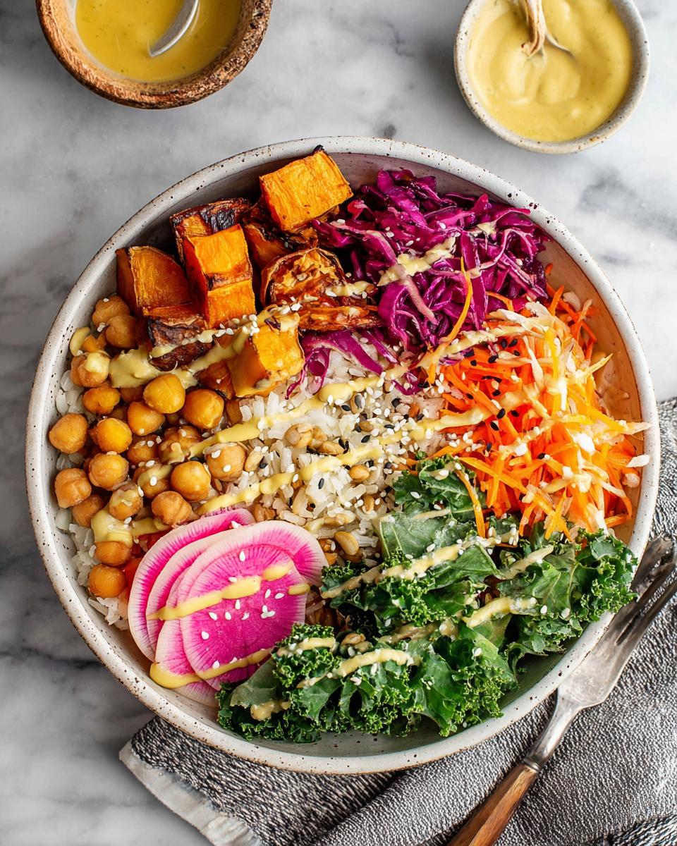 A vibrant and healthy vegan rice bowl recipe with roasted sweet potatoes, chickpeas, red cabbage, carrots, kale, and radish.