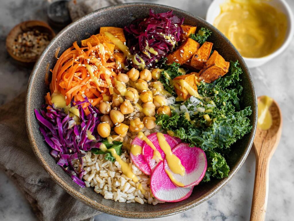 A vibrant and healthy vegetarian rice bowl recipe packed with brown rice, chickpeas, kale, shredded carrots, sweet potatoes, and red cabbage, drizzled with dressing.