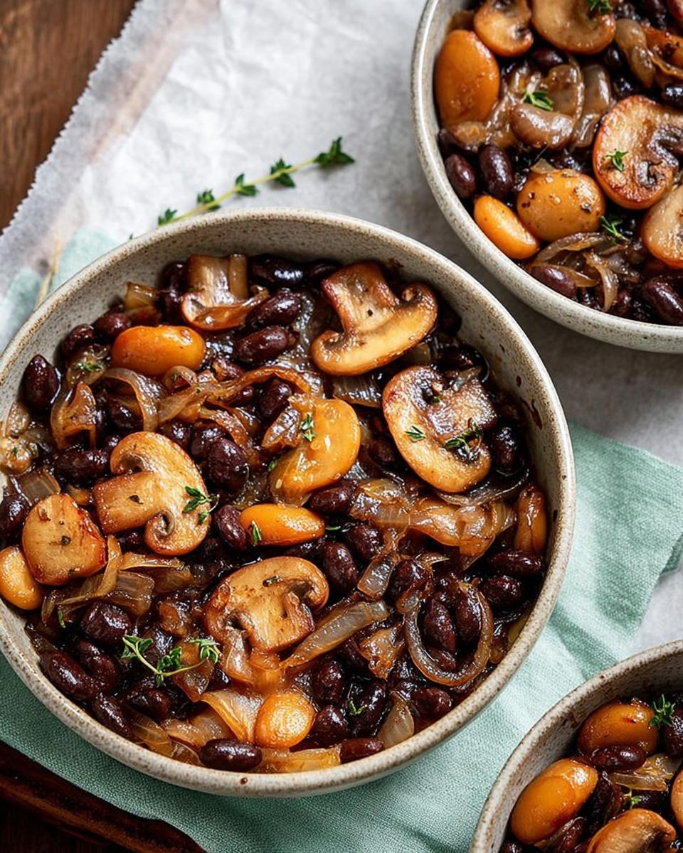 Close-up of a bowl filled with a hearty veggie sides recipe featuring black beans, sauteed mushrooms, and caramelized onions.