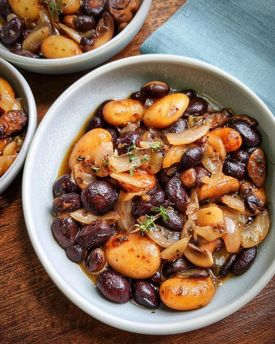 Close-up of a bowl filled with a hearty veggie sides recipe featuring black beans, small potatoes, and caramelized onions.