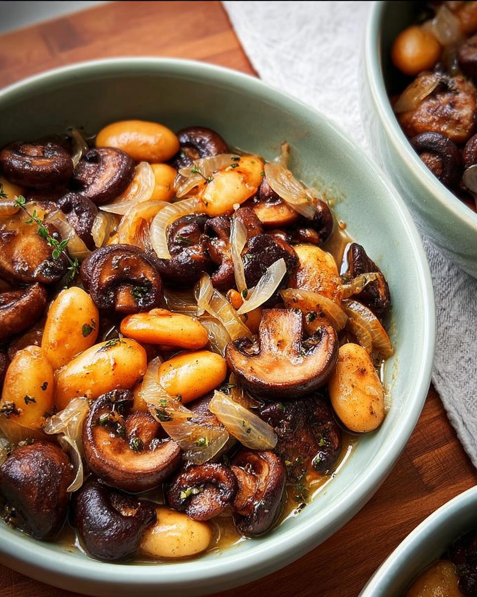 Close-up of a bowl filled with a delicious veggie sides recipe featuring mushrooms, butter beans, and onions.