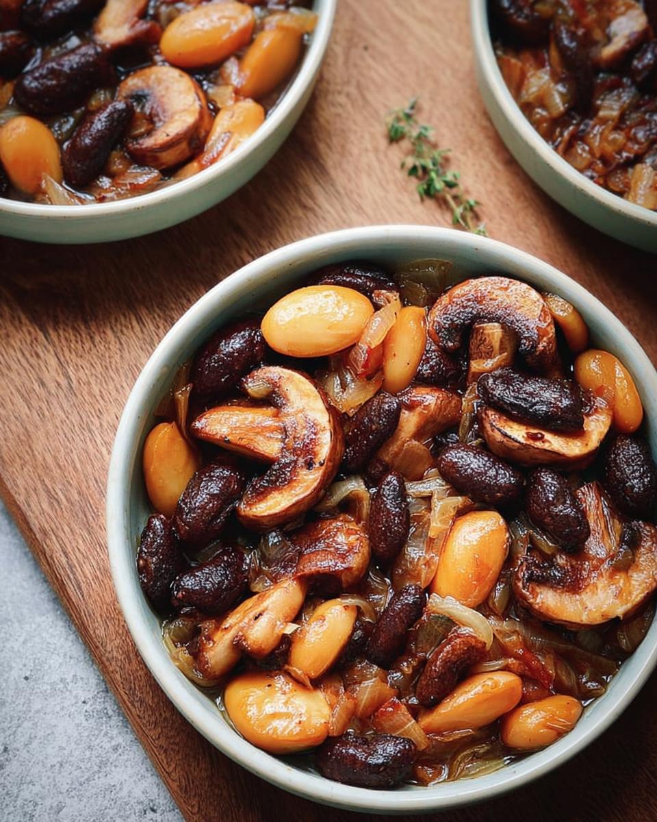 Close-up of a bowl filled with a hearty veggie sides recipe featuring mushrooms, beans, and onions.