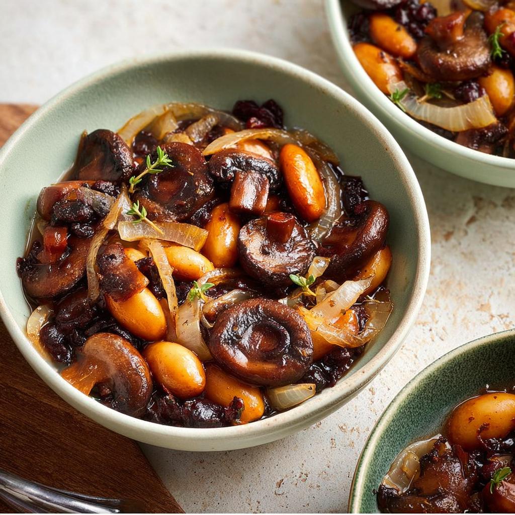 Close-up of a bowl filled with a savory veggie sides recipe featuring mushrooms, white beans, and caramelized onions.