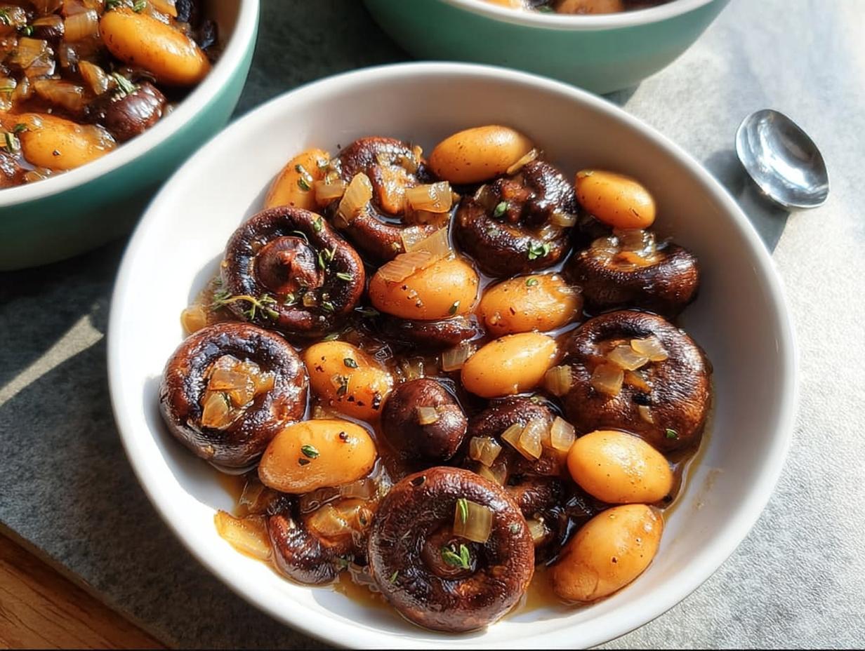 A close-up of a bowl filled with a veggie sides recipe featuring mushrooms, baby potatoes, and onions in a savory sauce.