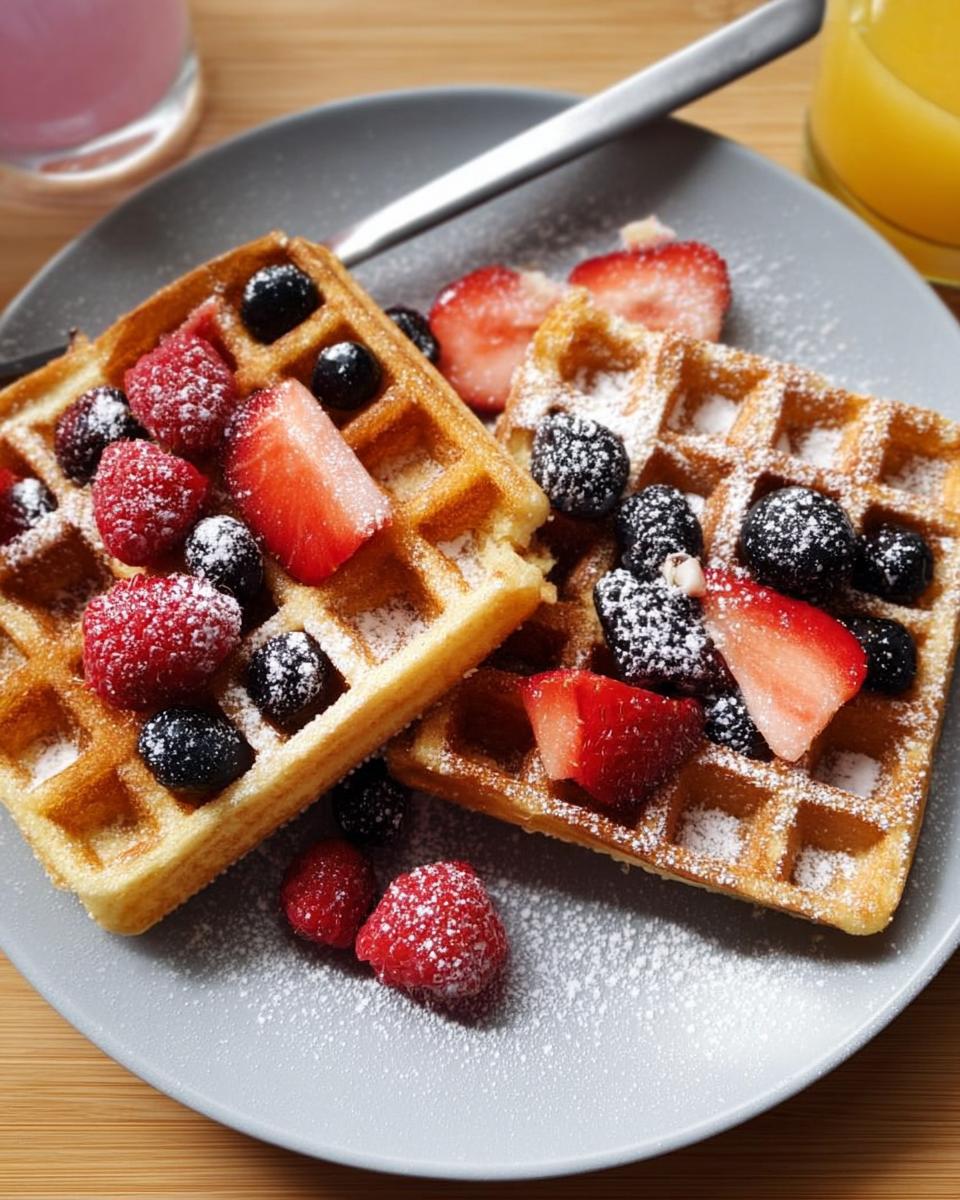 Two golden waffles topped with fresh strawberries, blueberries, and raspberries, dusted with powdered sugar. A perfect breakfast idea.