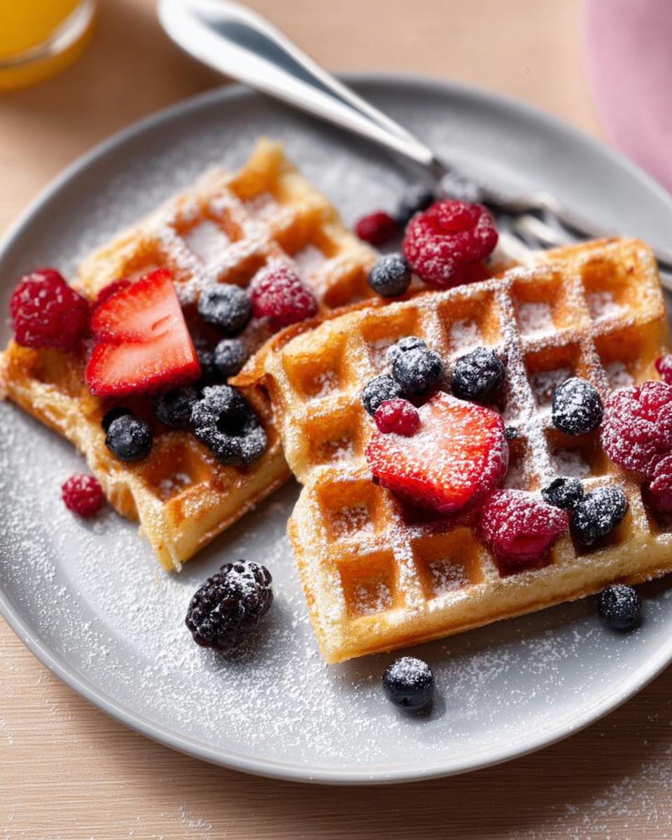 Two golden waffles topped with fresh strawberries, blueberries, raspberries, and a dusting of powdered sugar. A perfect breakfast idea.