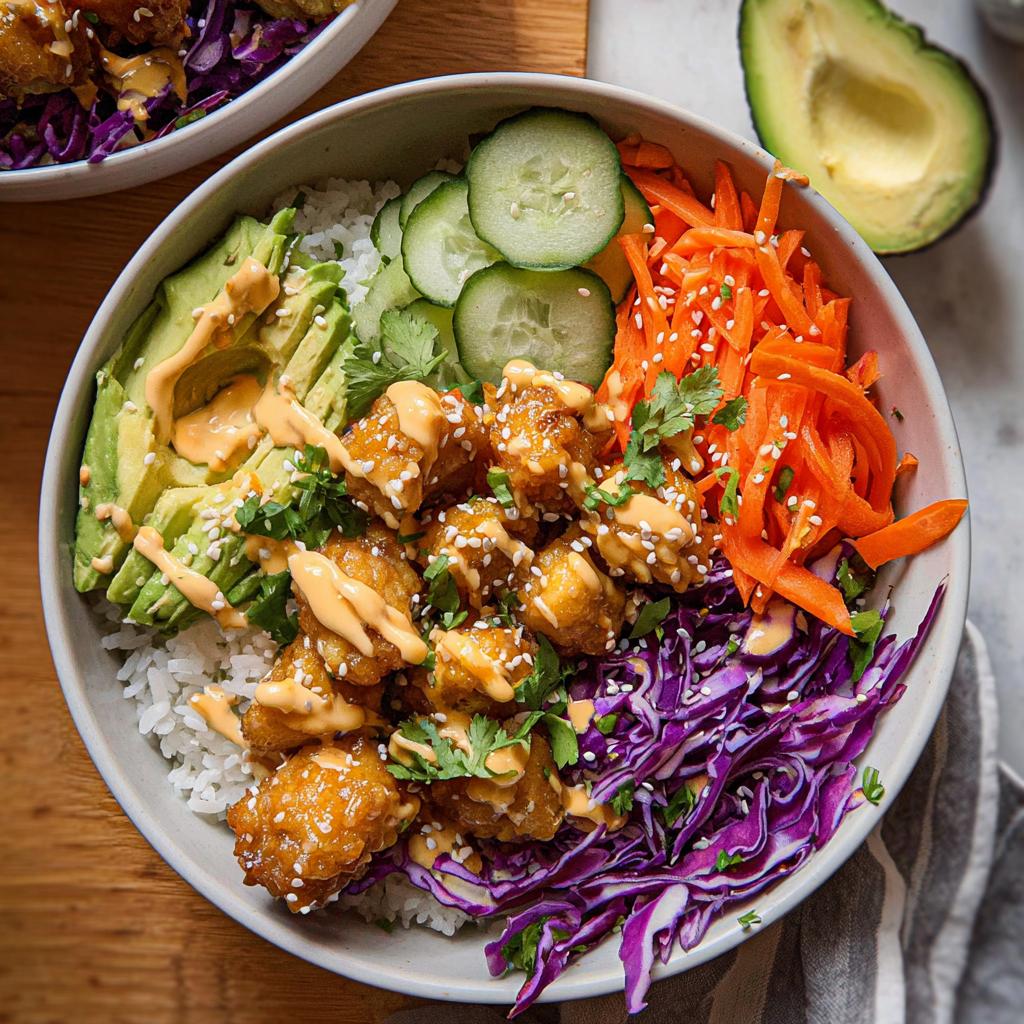 A vibrant Bang Bang Chicken Bowl filled with crispy chicken, rice, avocado, cucumber, carrots, and red cabbage, drizzled with sauce.