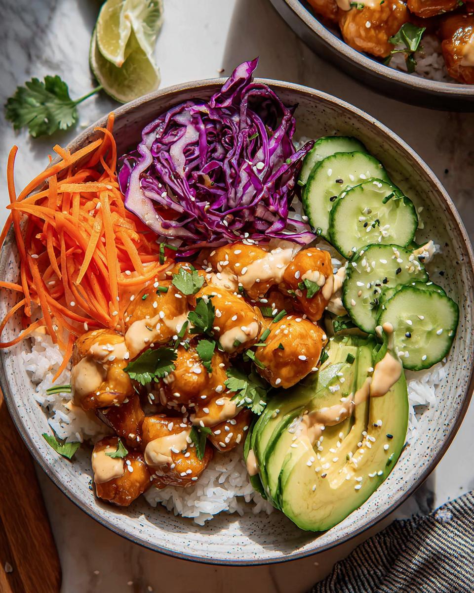 A vibrant Bang Bang Chicken Bowl filled with rice, crispy chicken, avocado, shredded carrots, red cabbage, and cucumber slices.