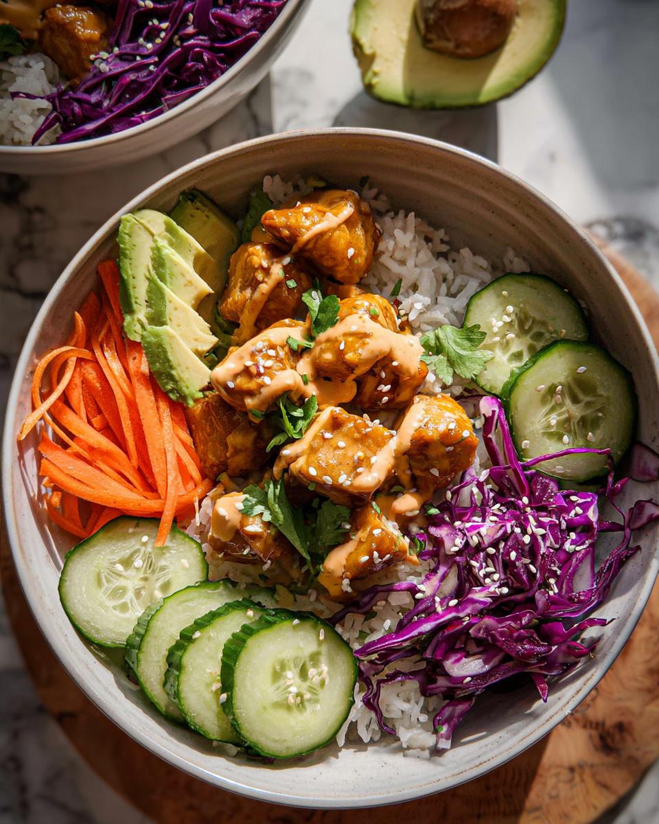 A vibrant Bang Bang Chicken Bowl featuring crispy chicken, rice, avocado, cucumber, shredded carrots, and red cabbage, drizzled with sauce.