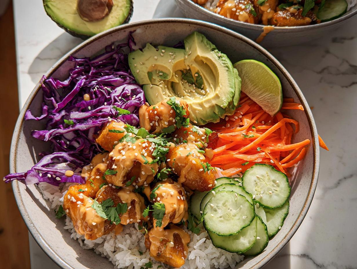 A vibrant Bang Bang Chicken Bowl filled with rice, crispy chicken, avocado, shredded carrots, red cabbage, and cucumber slices.