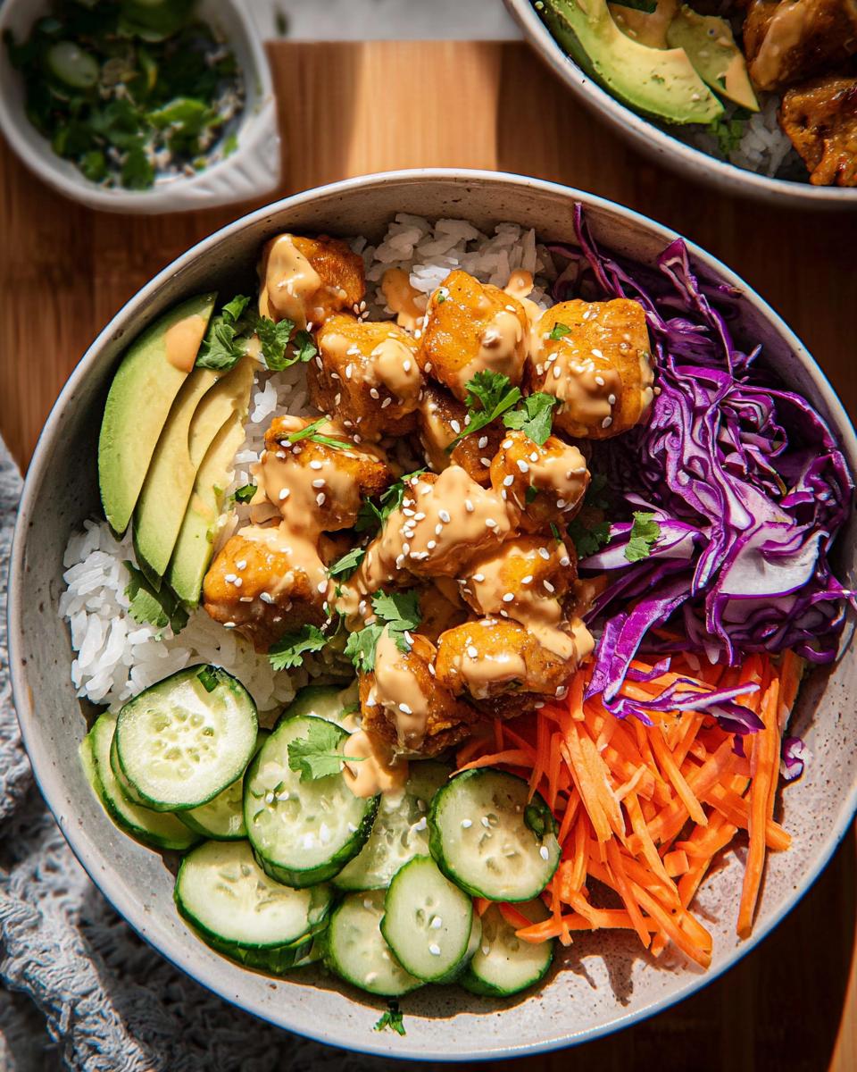 A vibrant Bang Bang Chicken Bowl filled with rice, crispy chicken, avocado, cucumber, shredded carrots, and red cabbage.