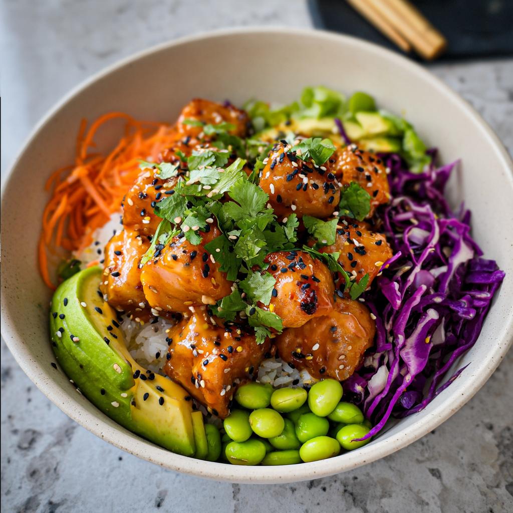A close-up of a Bang Bang Salmon Bites Bowl with rice, avocado, edamame, shredded carrots, and red cabbage.