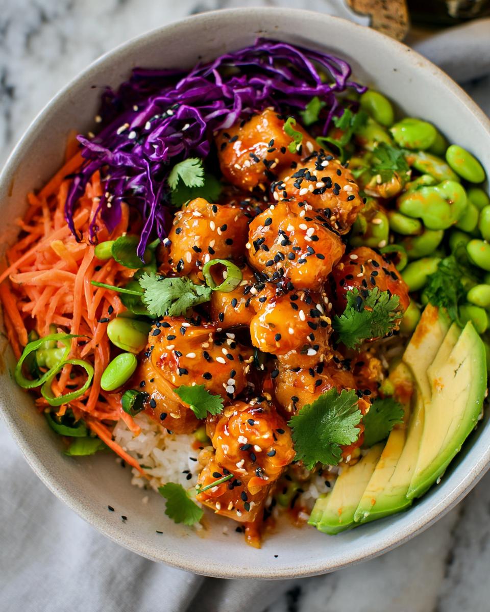 Close-up of a Bang Bang Salmon Bites Bowl with rice, edamame, shredded carrots, red cabbage, avocado, and fresh cilantro.