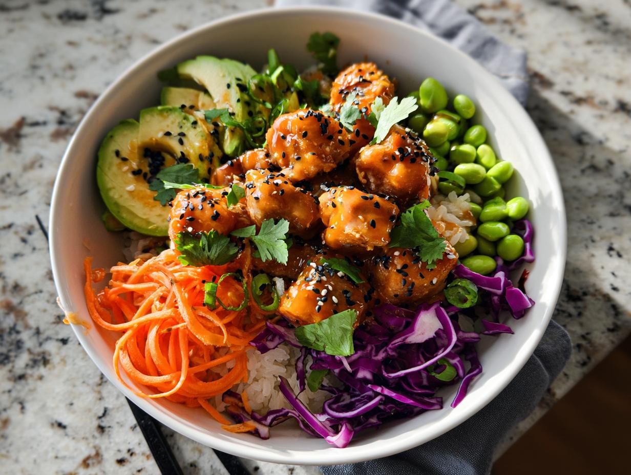 A vibrant bowl of Bang Bang Salmon Bites, served with rice, avocado, edamame, shredded carrots, and red cabbage.