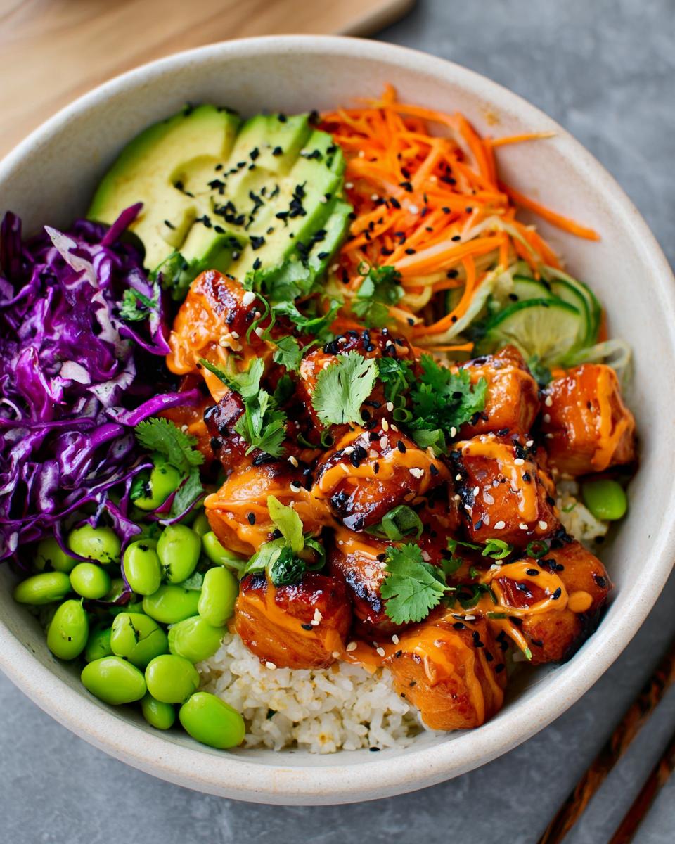 A vibrant bowl of Bang Bang Salmon Bites Bowls, featuring salmon bites, rice, edamame, red cabbage, shredded carrots, cucumber, and avocado.