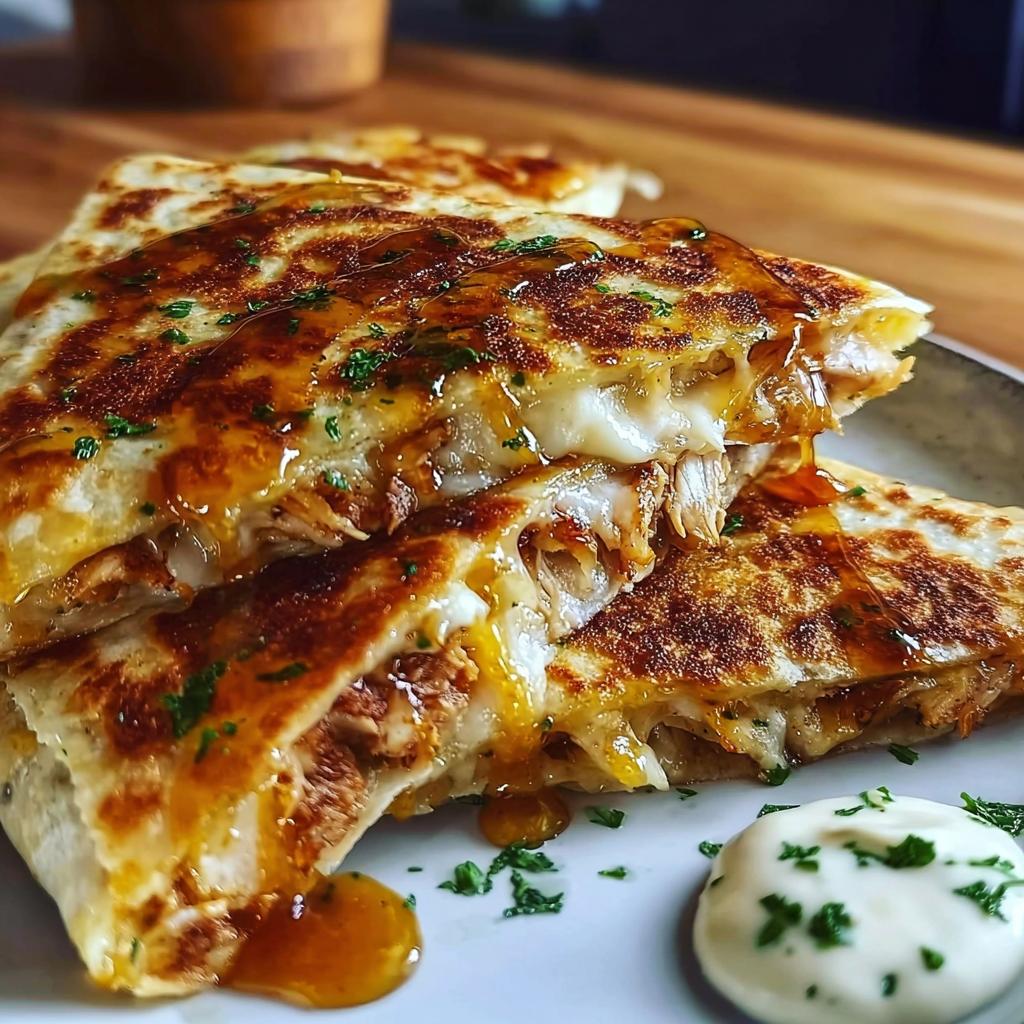 Close-up of Cheesy Hot Honey Chicken Quesadillas, drizzled with honey and garnished with parsley, served with a dollop of cream sauce.