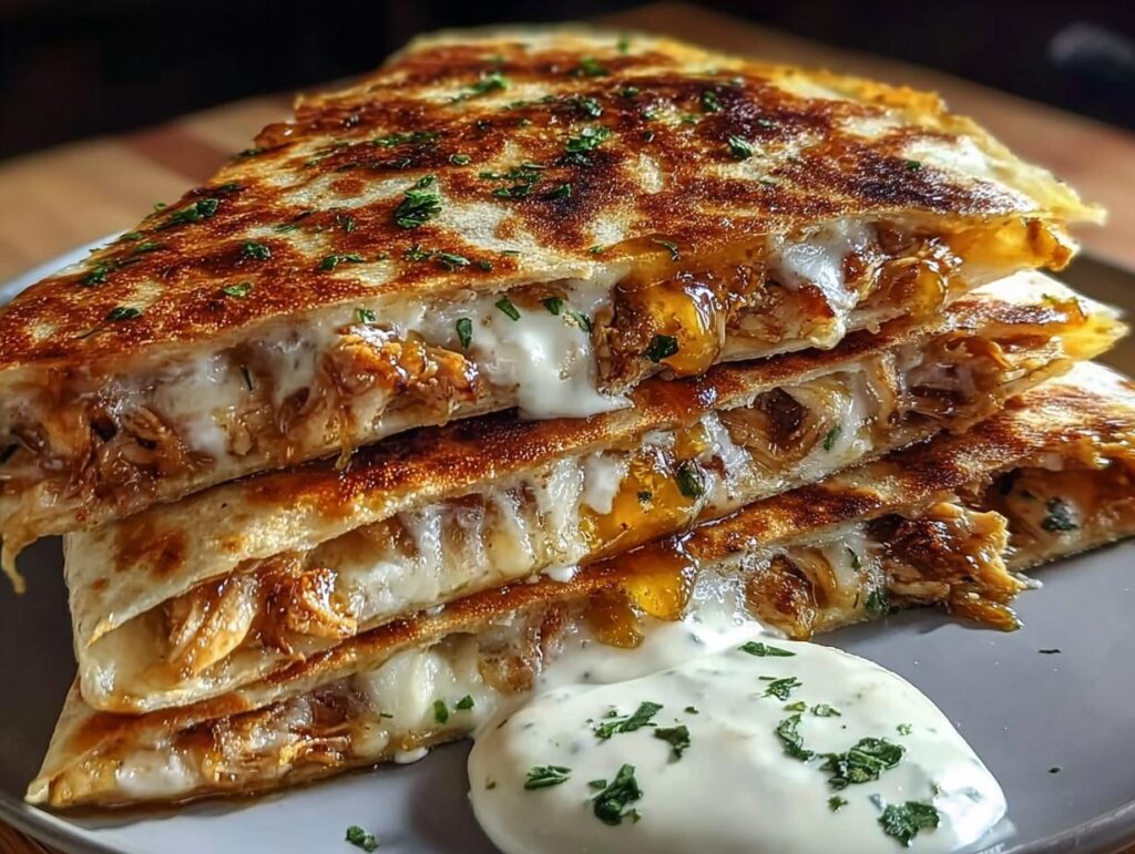Stack of Cheesy Hot Honey Chicken Quesadillas, oozing with melted cheese and served with a dollop of jalapeño cream sauce.