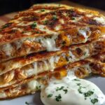 Stack of Cheesy Hot Honey Chicken Quesadillas, oozing with melted cheese and served with a dollop of jalapeño cream sauce.