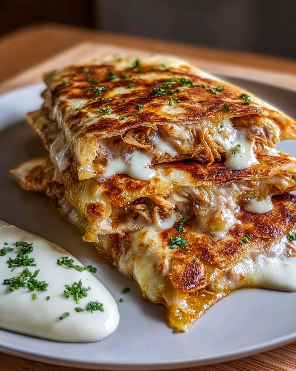 A stack of Cheesy Hot Honey Chicken Quesadillas, oozing with melted cheese and garnished with fresh herbs, served with a dollop of spicy jalapeño cream sauce.