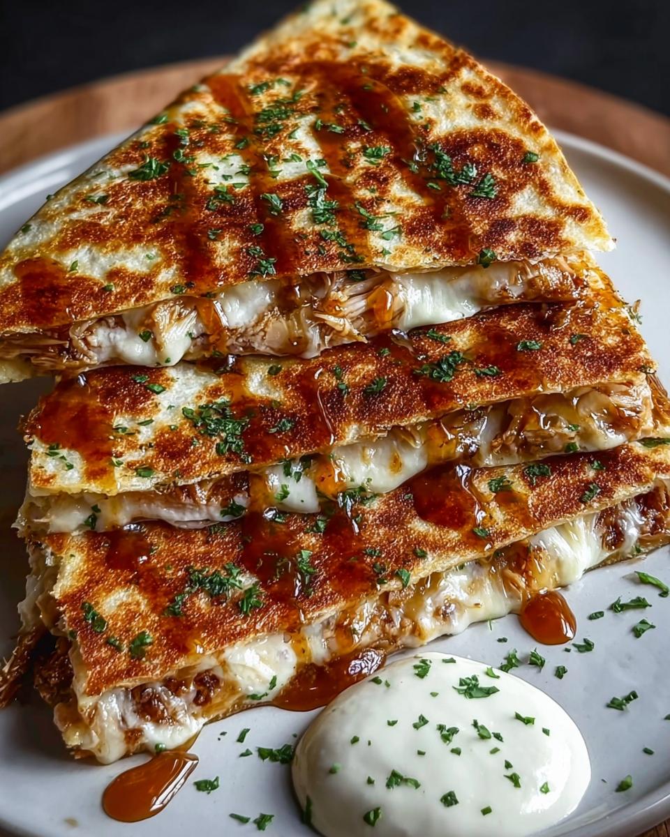 A stack of Cheesy Hot Honey Chicken Quesadillas drizzled with sauce and garnished with parsley, served with a dollop of jalapeño cream sauce.