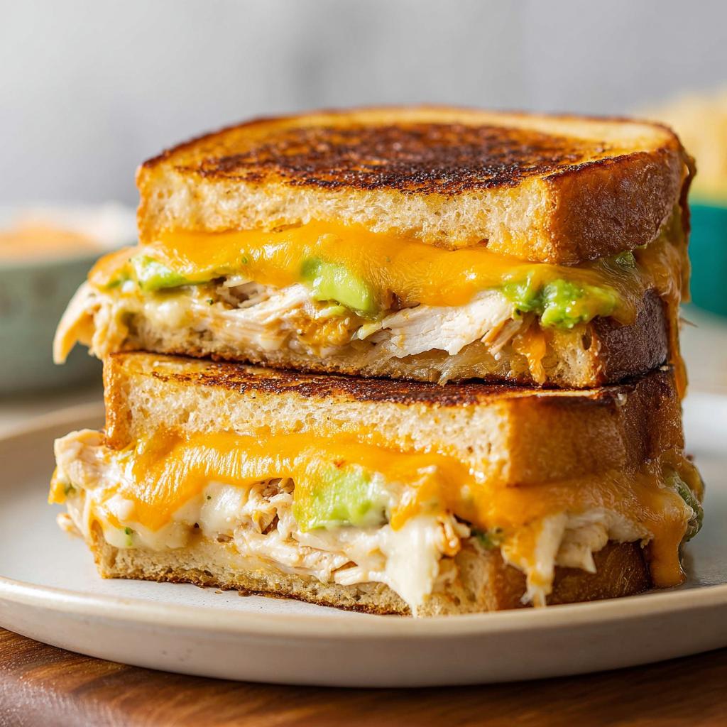 A close-up of a halved Chicken Avocado Melt Sandwich, showcasing shredded chicken, creamy avocado, and melted cheese between toasted bread.