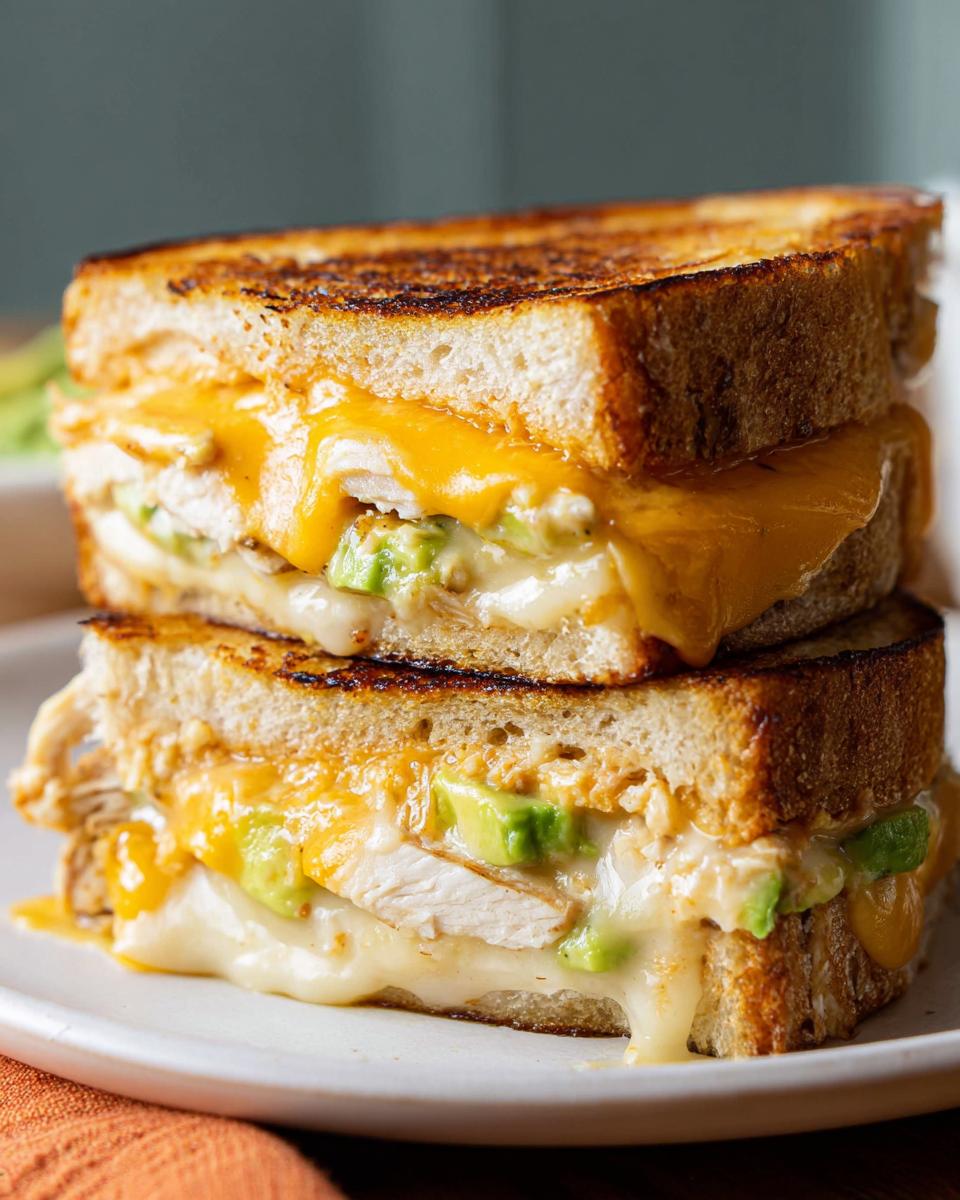 Close-up of a stacked Chicken Avocado Melt Sandwich with melted cheese and fresh avocado slices.