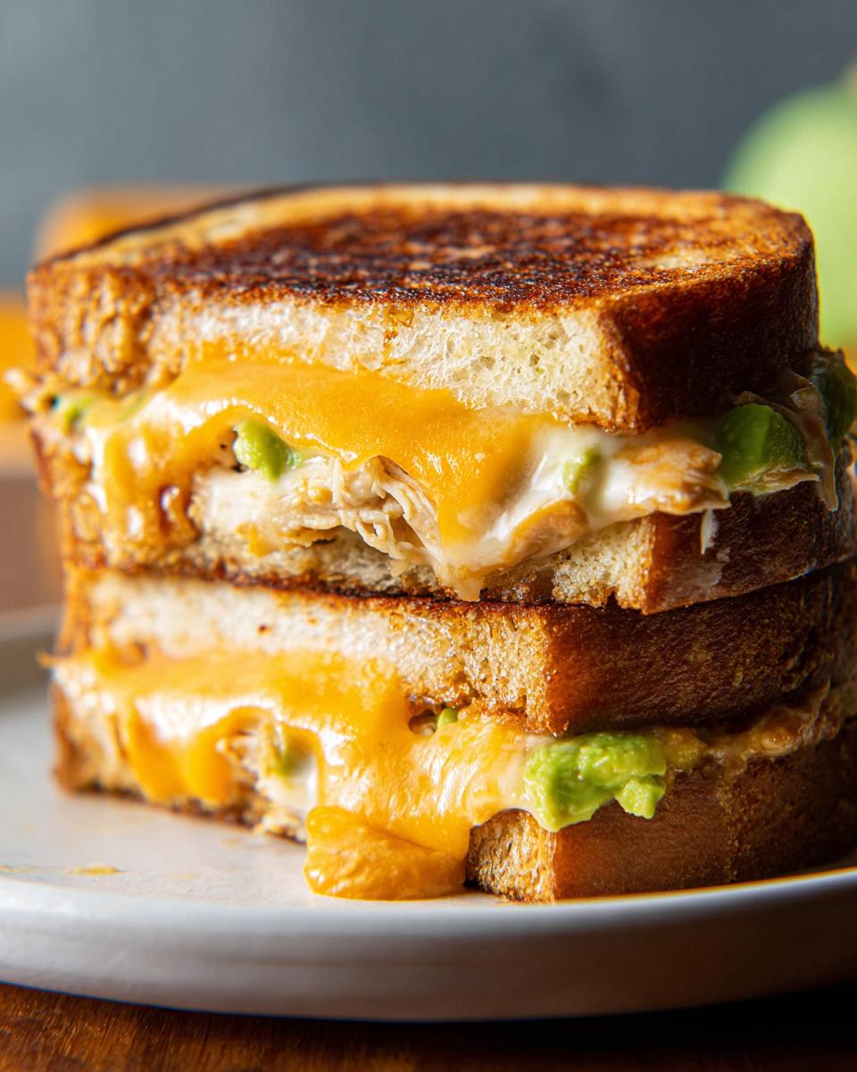 A close-up of a stacked CHICKEN AVOCADO MELT SANDWICH with golden-brown toasted bread and gooey melted cheese.