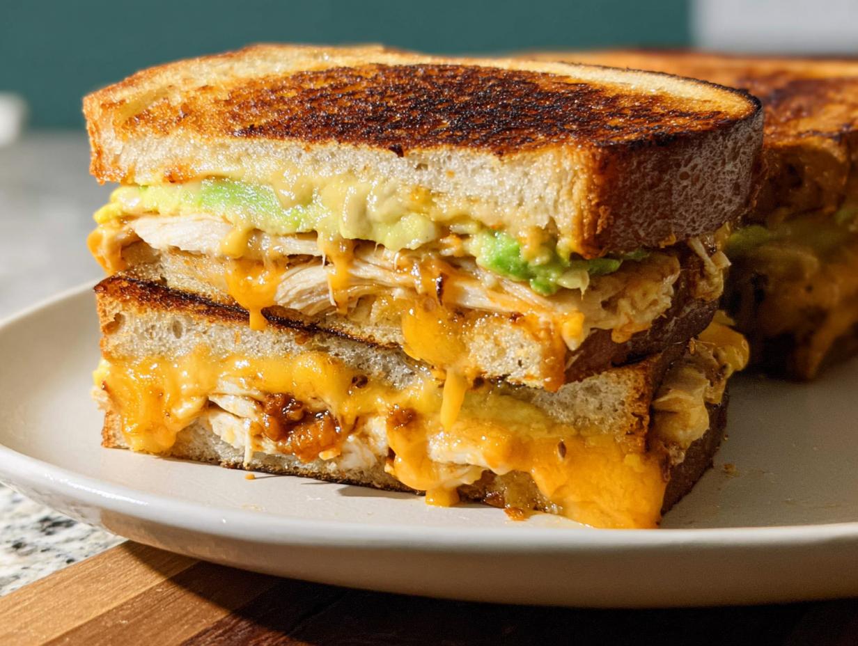 A close-up shot of a stacked CHICKEN AVOCADO MELT SANDWICH with melted cheese oozing out.