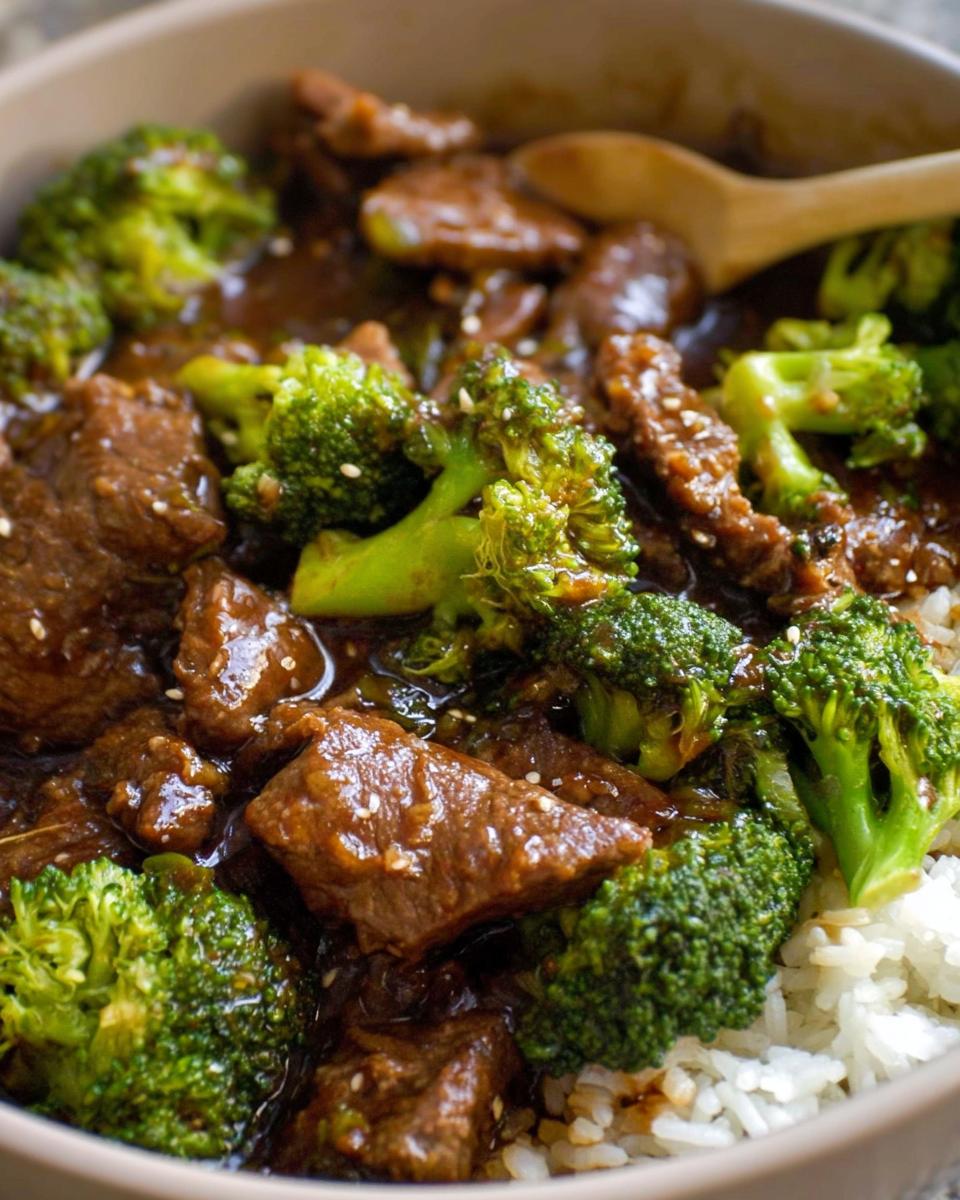 Close-up of Chinese Beef and Broccoli served over white rice, coated in a glossy sauce with sesame seeds.