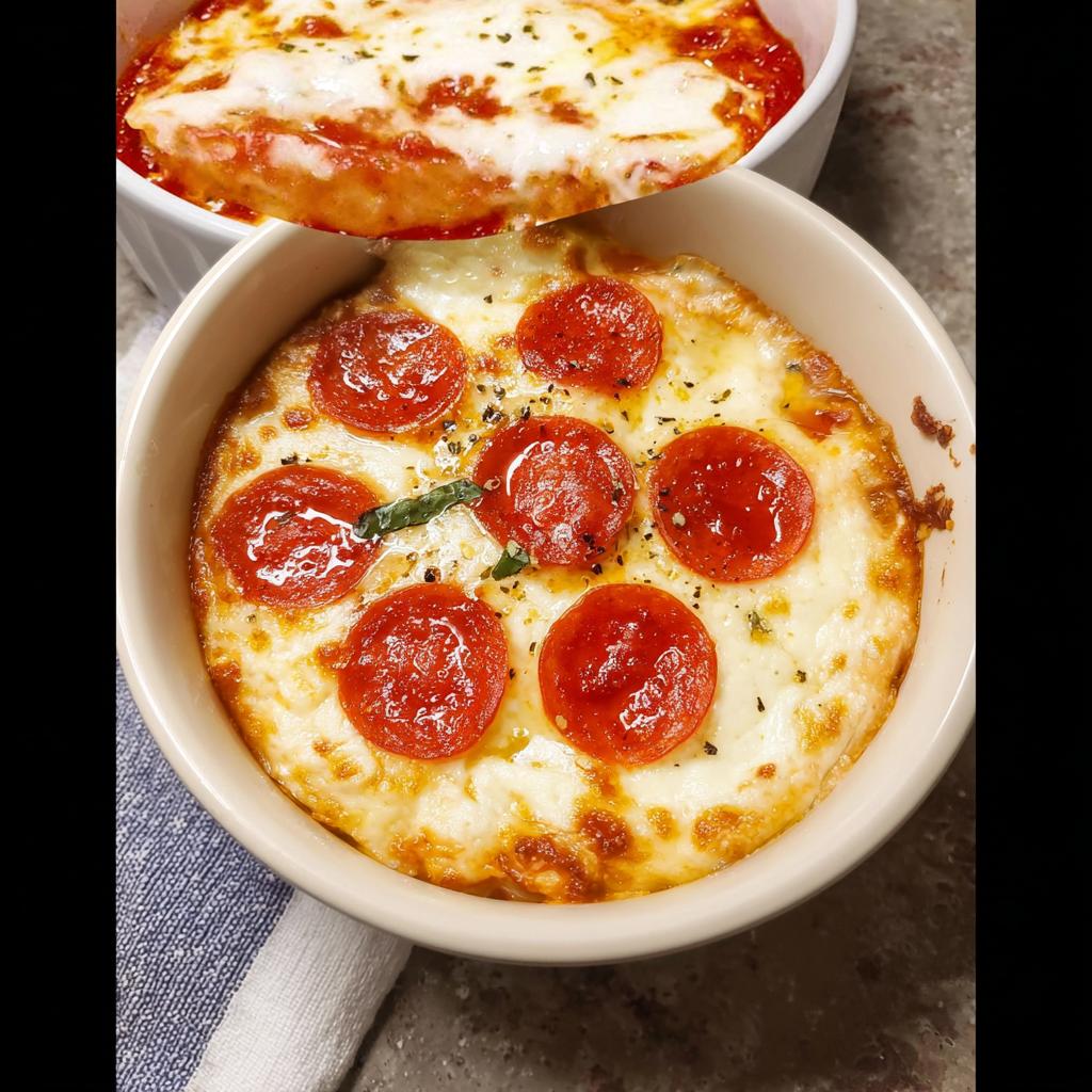 A close-up of a bubbling Cottage Cheese Pizza Bowl topped with pepperoni and melted cheese.