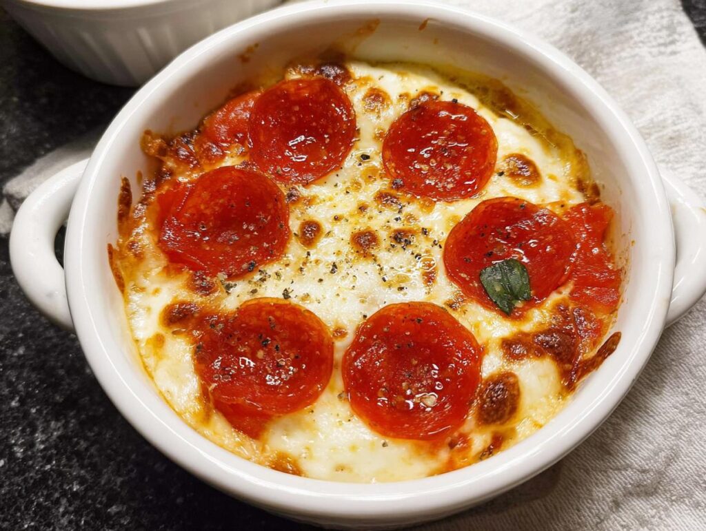 Close-up of a baked Cottage Cheese Pizza Bowl topped with melted cheese and pepperoni slices.