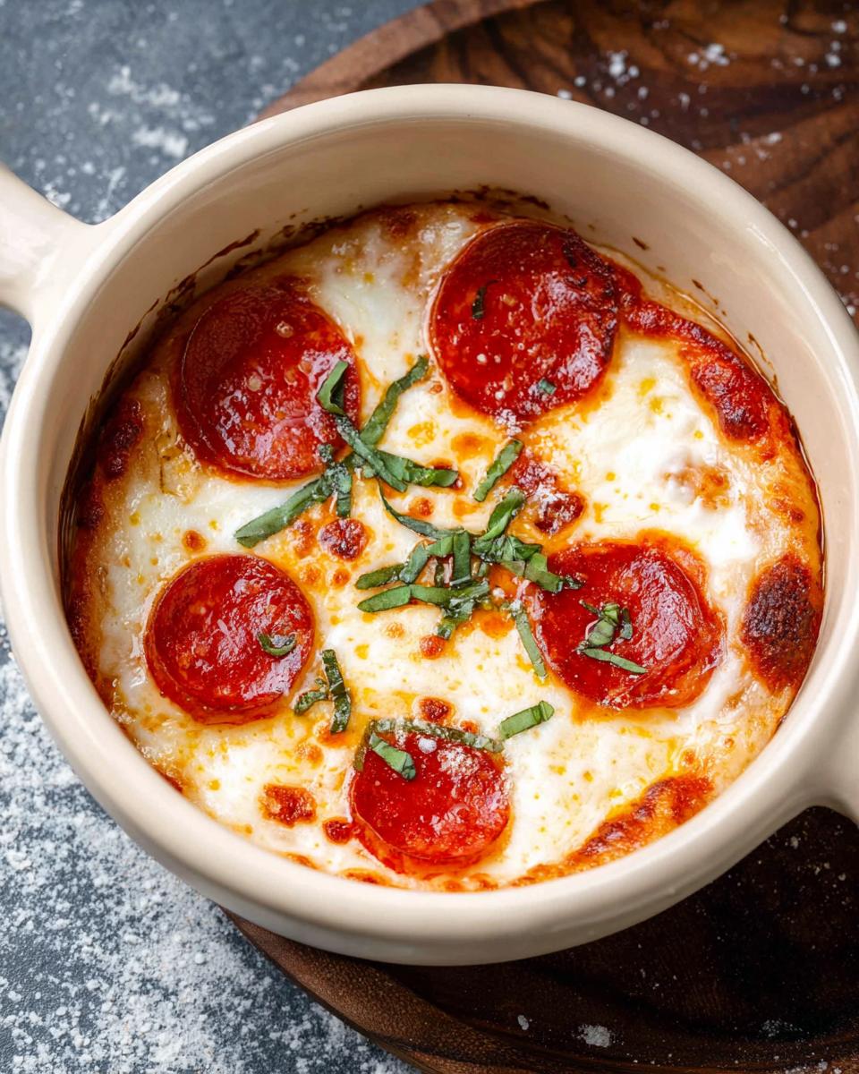 A close-up of a baked Cottage Cheese Pizza Bowl topped with pepperoni and fresh basil.