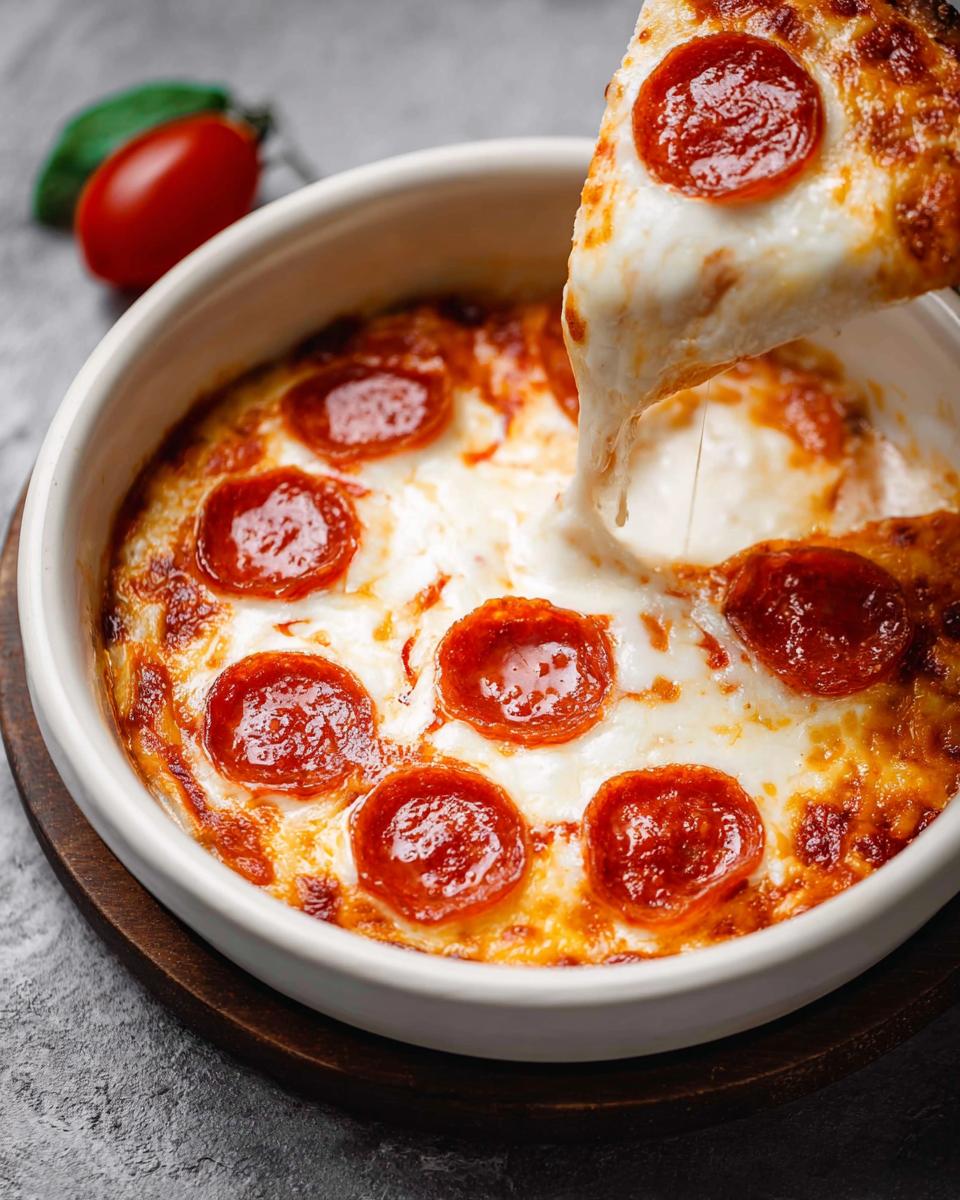 A slice of gooey Cottage Cheese Pizza Bowl with melted cheese and pepperoni being lifted from the bowl.