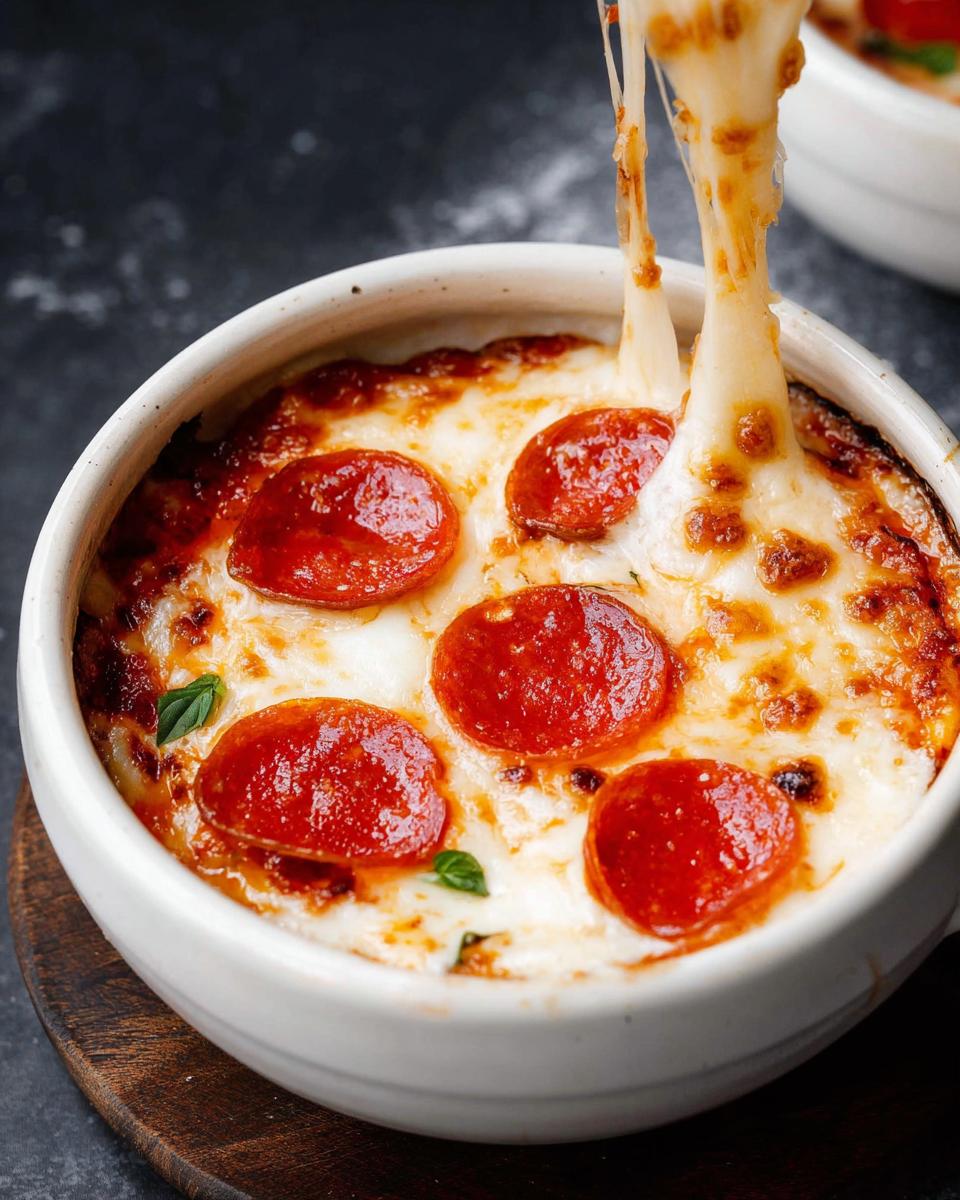 A close-up of a bubbling Cottage Cheese Pizza Bowl topped with pepperoni and melted cheese, with cheese strings pulling away.