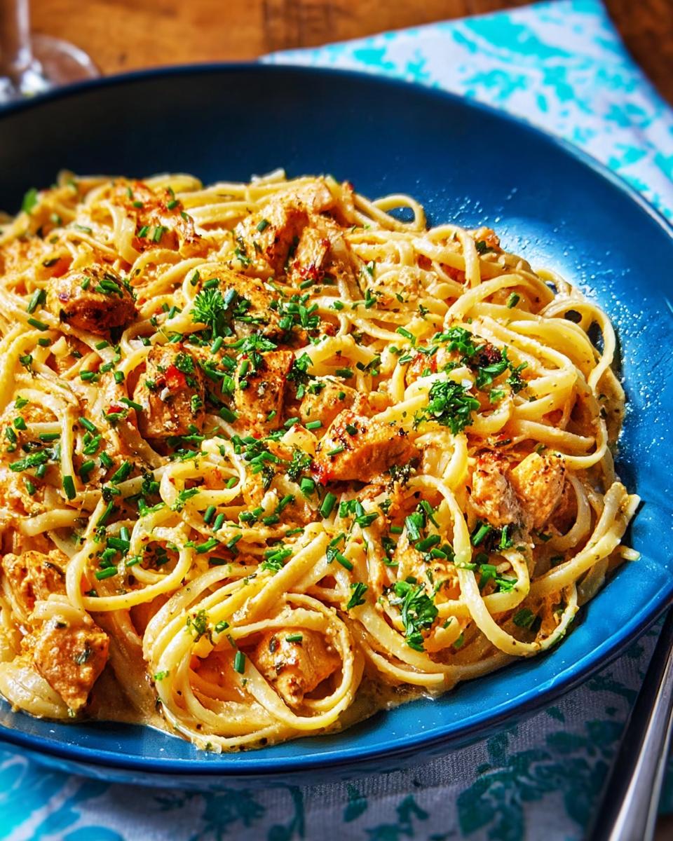 A close-up of Cowboy Butter Chicken Pasta served in a blue bowl, garnished with fresh chives.