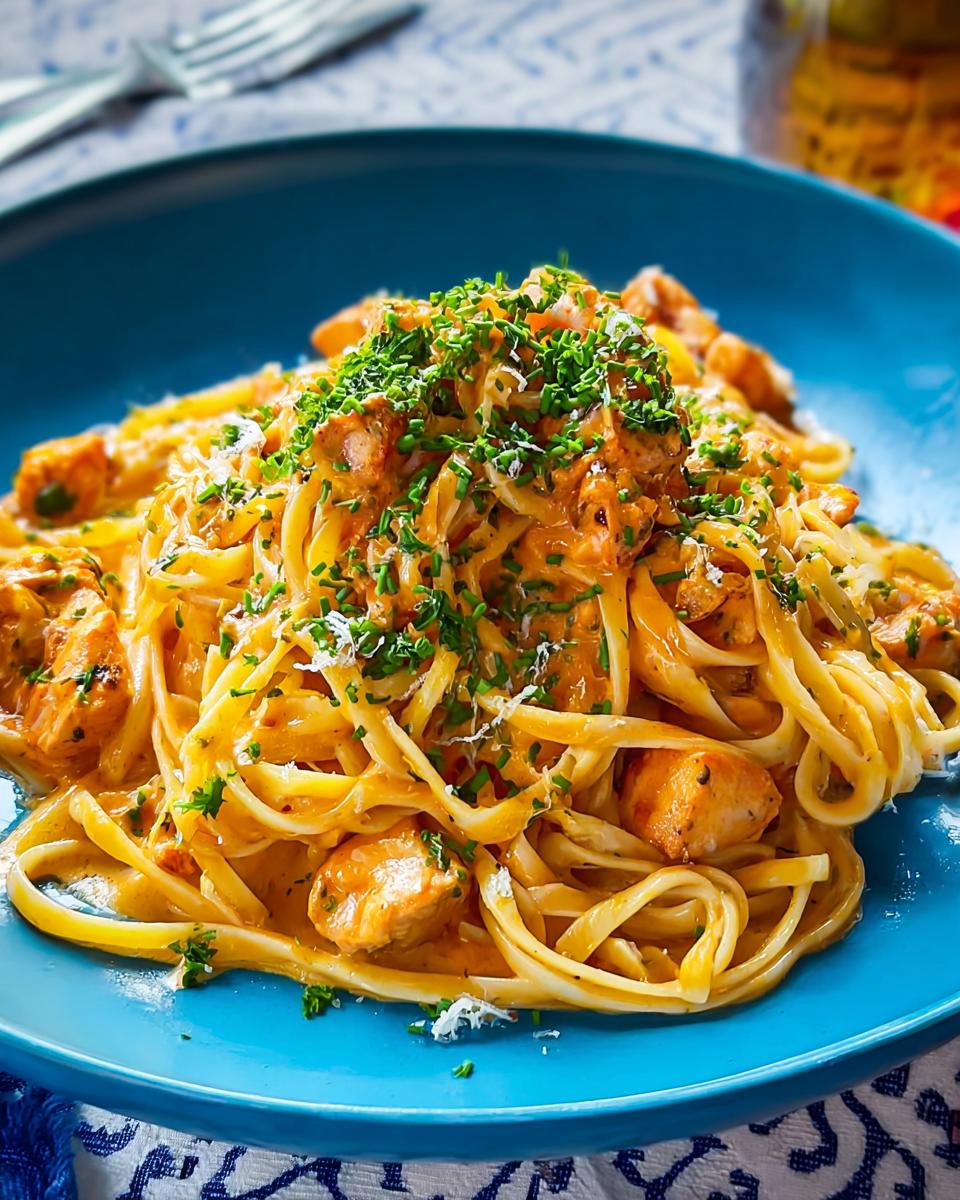 A close-up of Cowboy Butter Chicken Pasta served on a blue plate, garnished with fresh herbs and grated cheese.