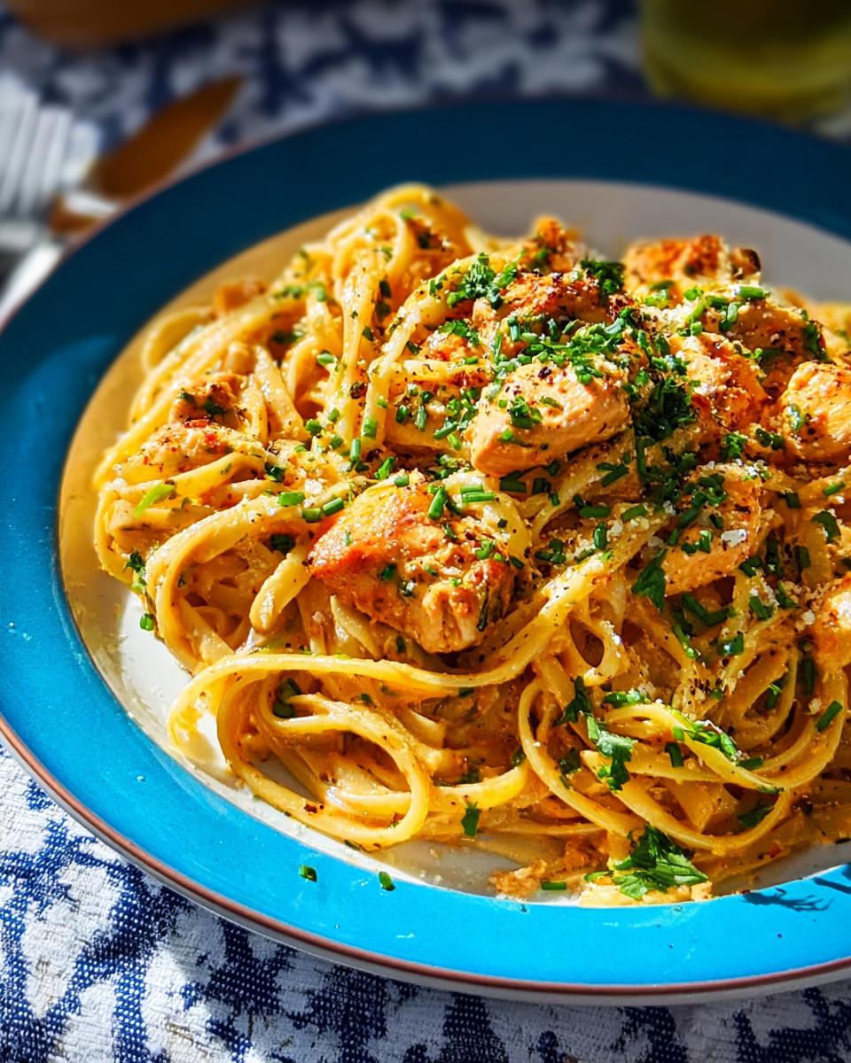 A close-up of Cowboy Butter Chicken Pasta, featuring fettuccine noodles coated in a creamy sauce with chunks of chicken and topped with fresh chives.