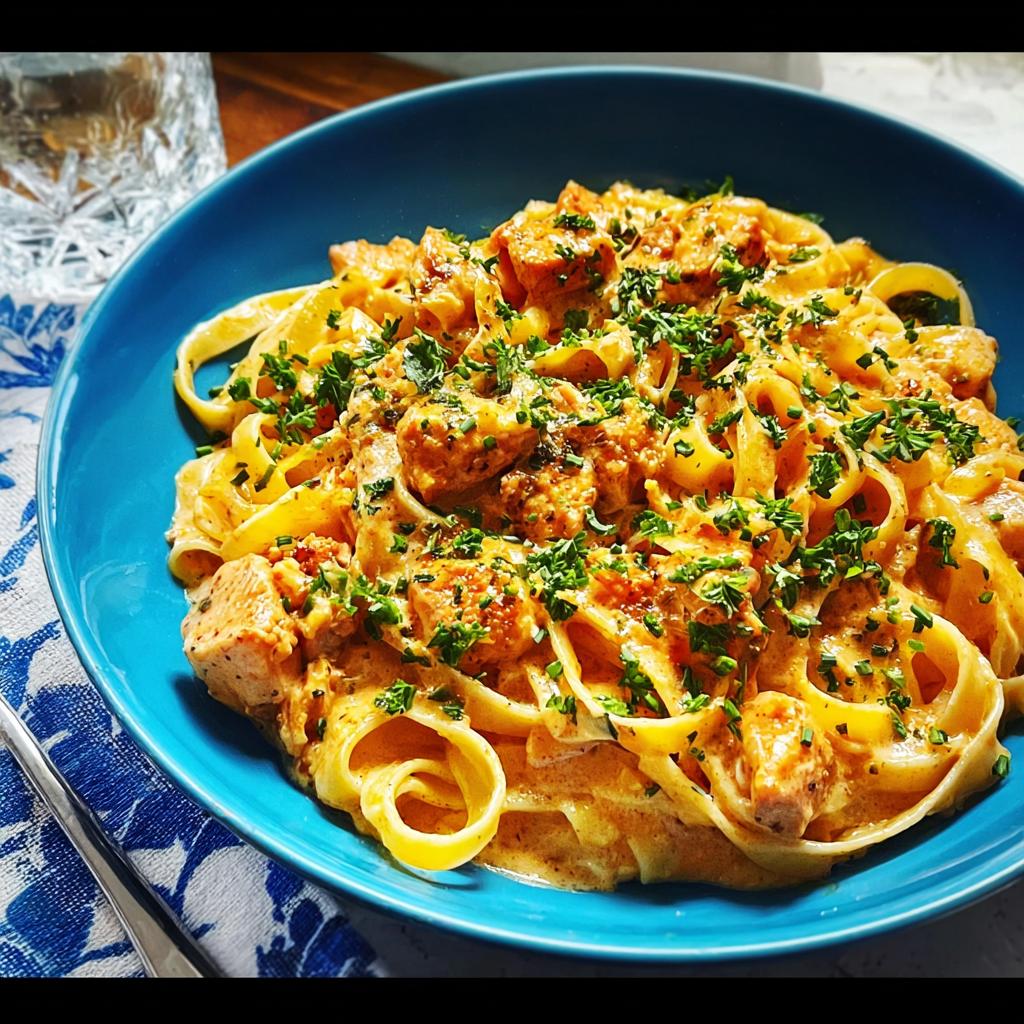 A close-up of a vibrant blue bowl filled with creamy Cowboy Butter Chicken Pasta, garnished with fresh parsley.
