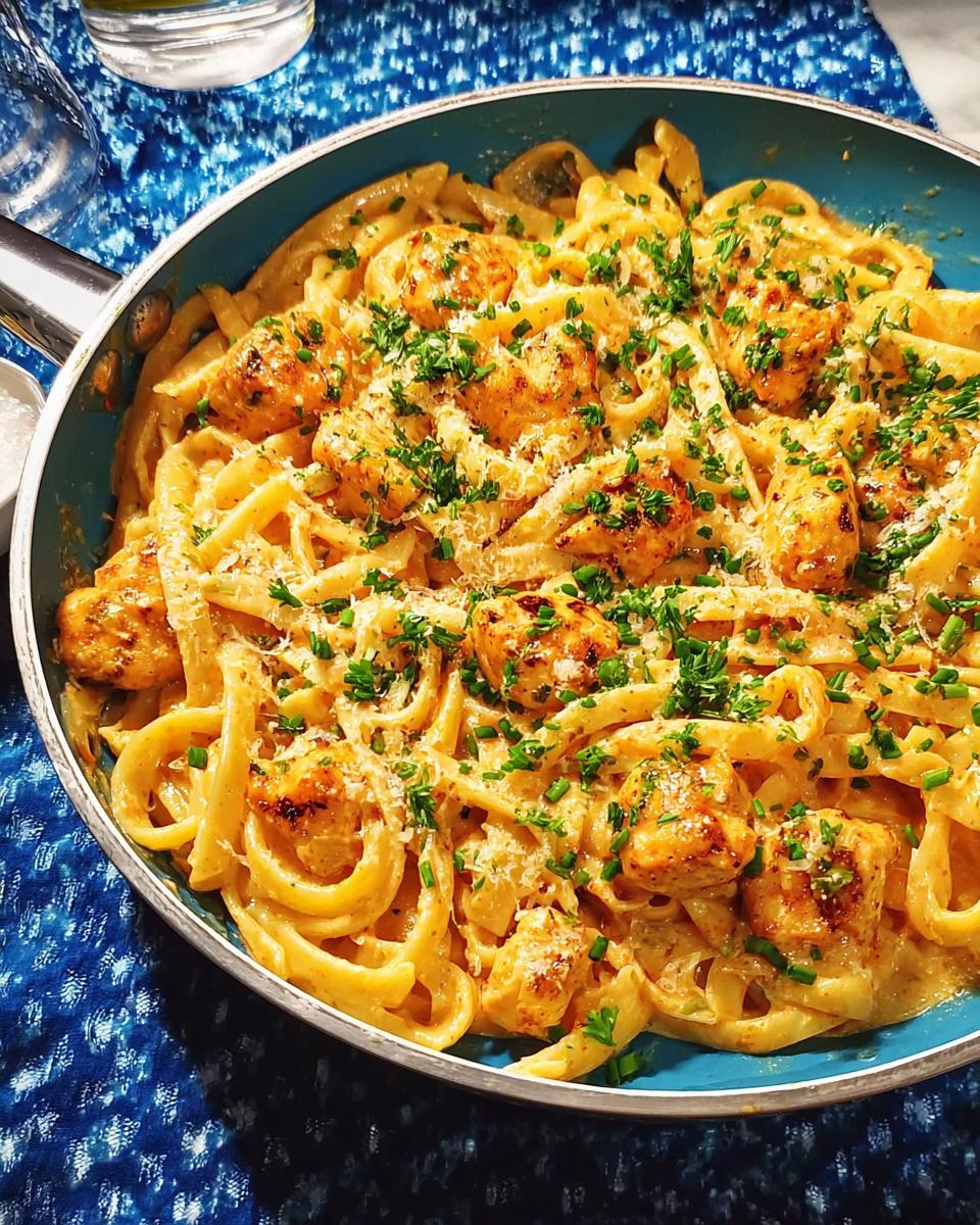 A close-up of Cowboy Butter Chicken Pasta in a blue skillet, garnished with parsley and grated cheese.