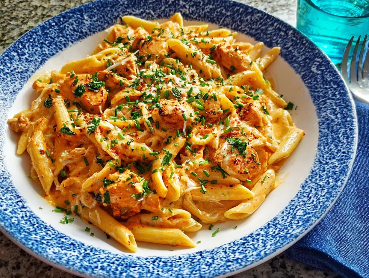 A close-up of creamy Cowboy Butter Chicken Pasta, garnished with fresh herbs and cheese.