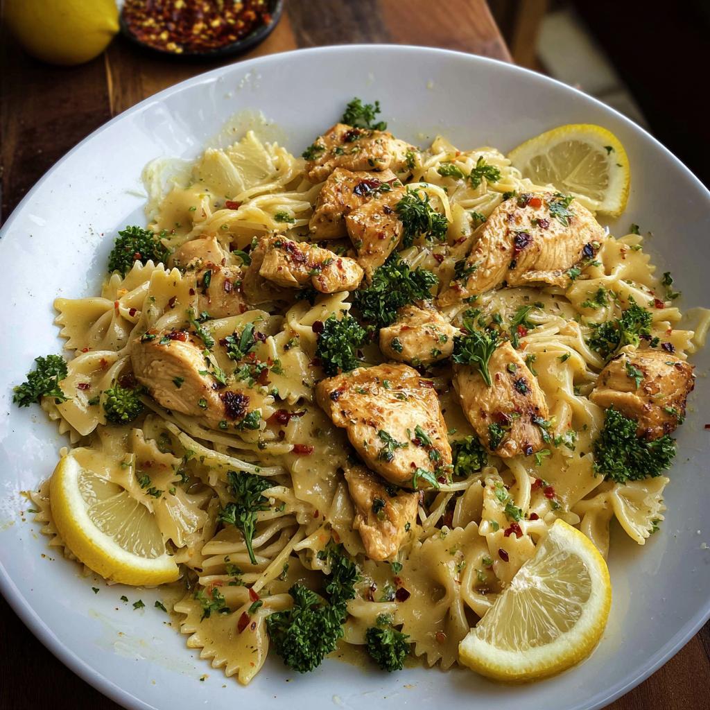 A close-up of Cowboy Butter Lemon Bowtie Chicken Pasta with Broccoli, garnished with lemon slices and parsley.