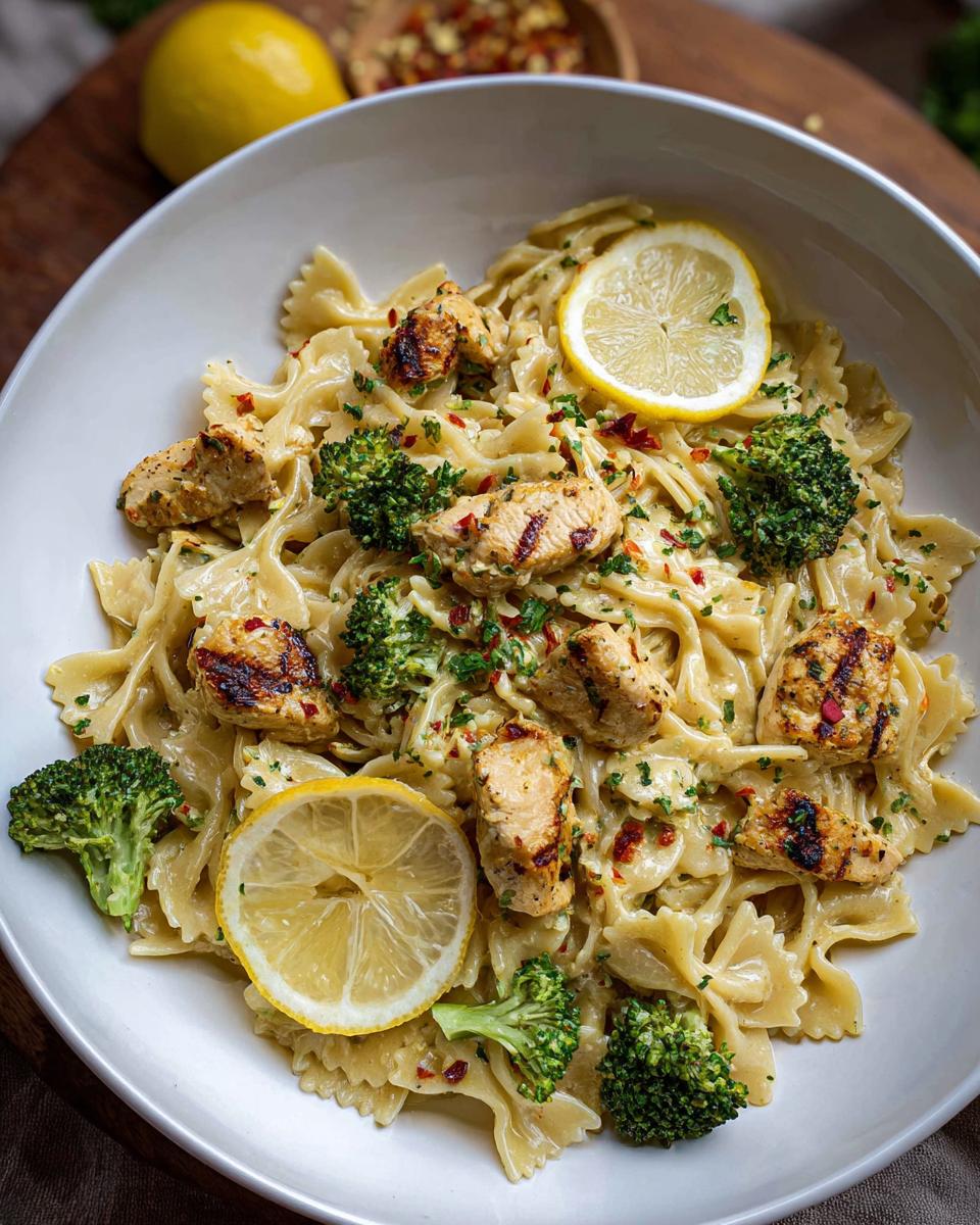 A bowl of Cowboy Butter Lemon Bowtie Chicken Pasta with Broccoli, garnished with lemon slices and chili flakes.