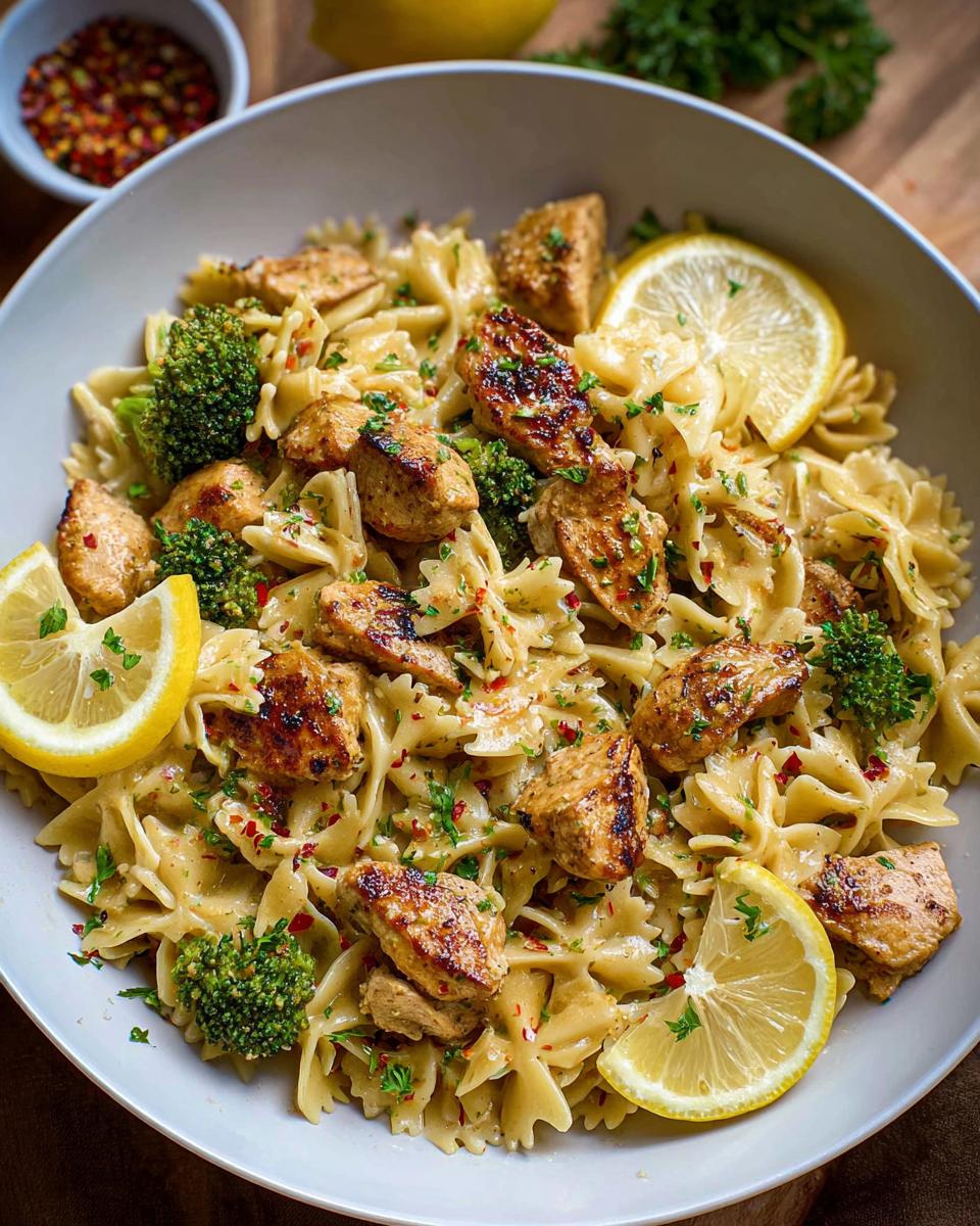 A bowl of Cowboy Butter Lemon Bowtie Chicken Pasta with Broccoli, garnished with lemon slices and parsley.