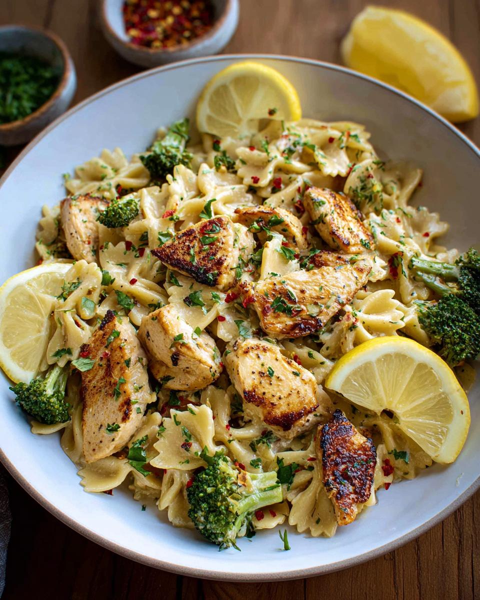 A bowl of Cowboy Butter Lemon Bowtie Chicken Pasta with Broccoli, topped with grilled chicken pieces and lemon slices.