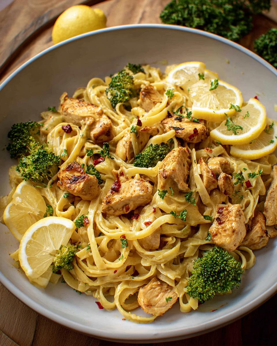 A bowl of Cowboy Butter Lemon Bowtie Chicken Pasta with Broccoli, garnished with lemon slices and parsley.