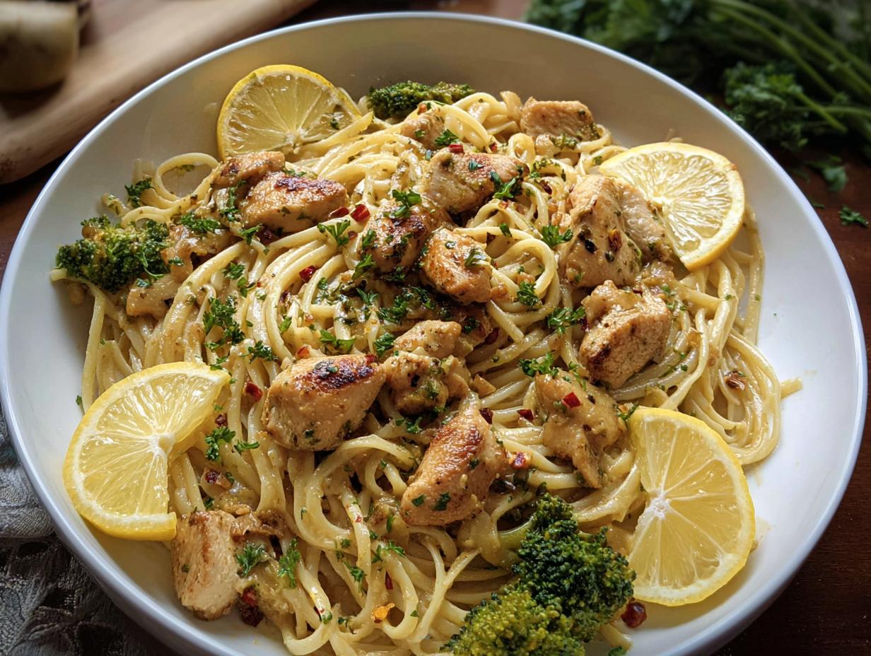 A bowl of Cowboy Butter Lemon Bowtie Chicken Pasta with Broccoli, garnished with lemon slices and fresh parsley.