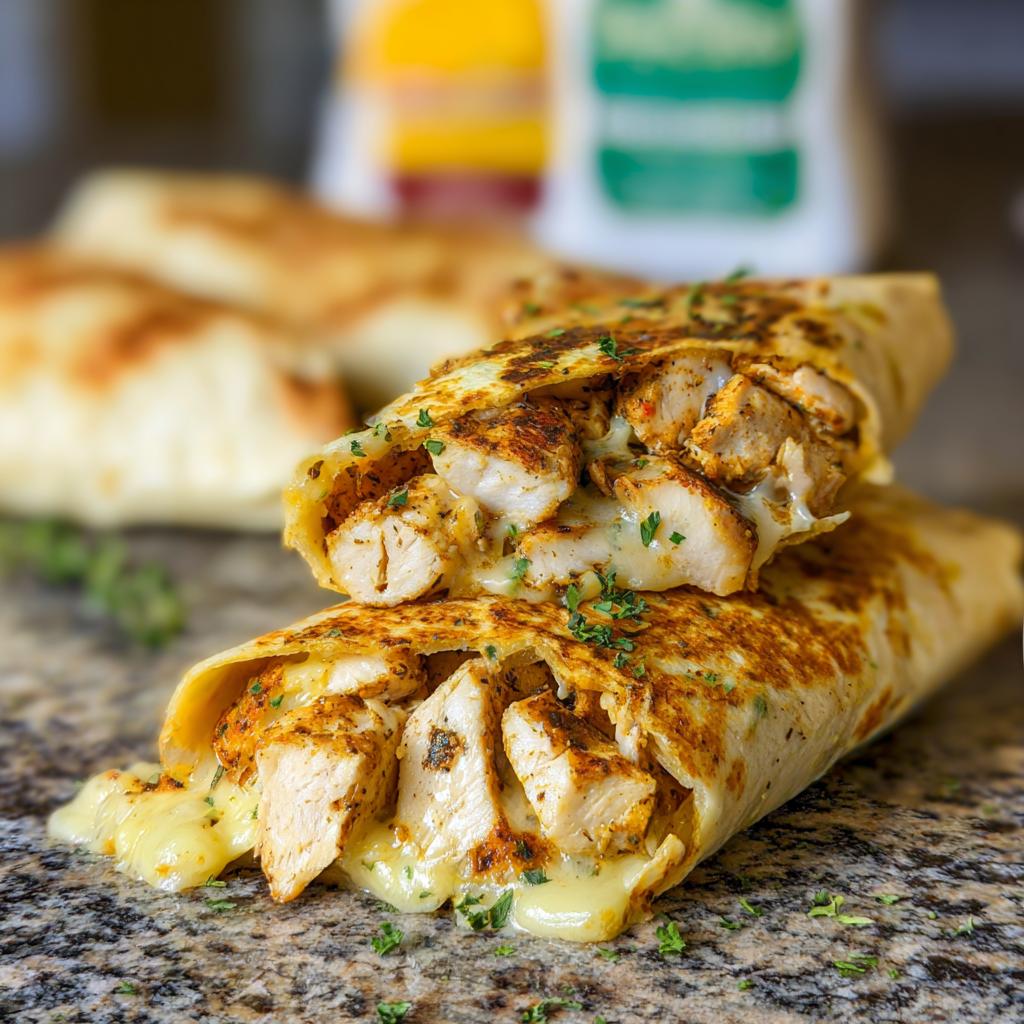 Close-up of Cozy Cheesy Garlic Chicken Wraps, showing tender chicken and melted cheese spilling out, garnished with parsley.
