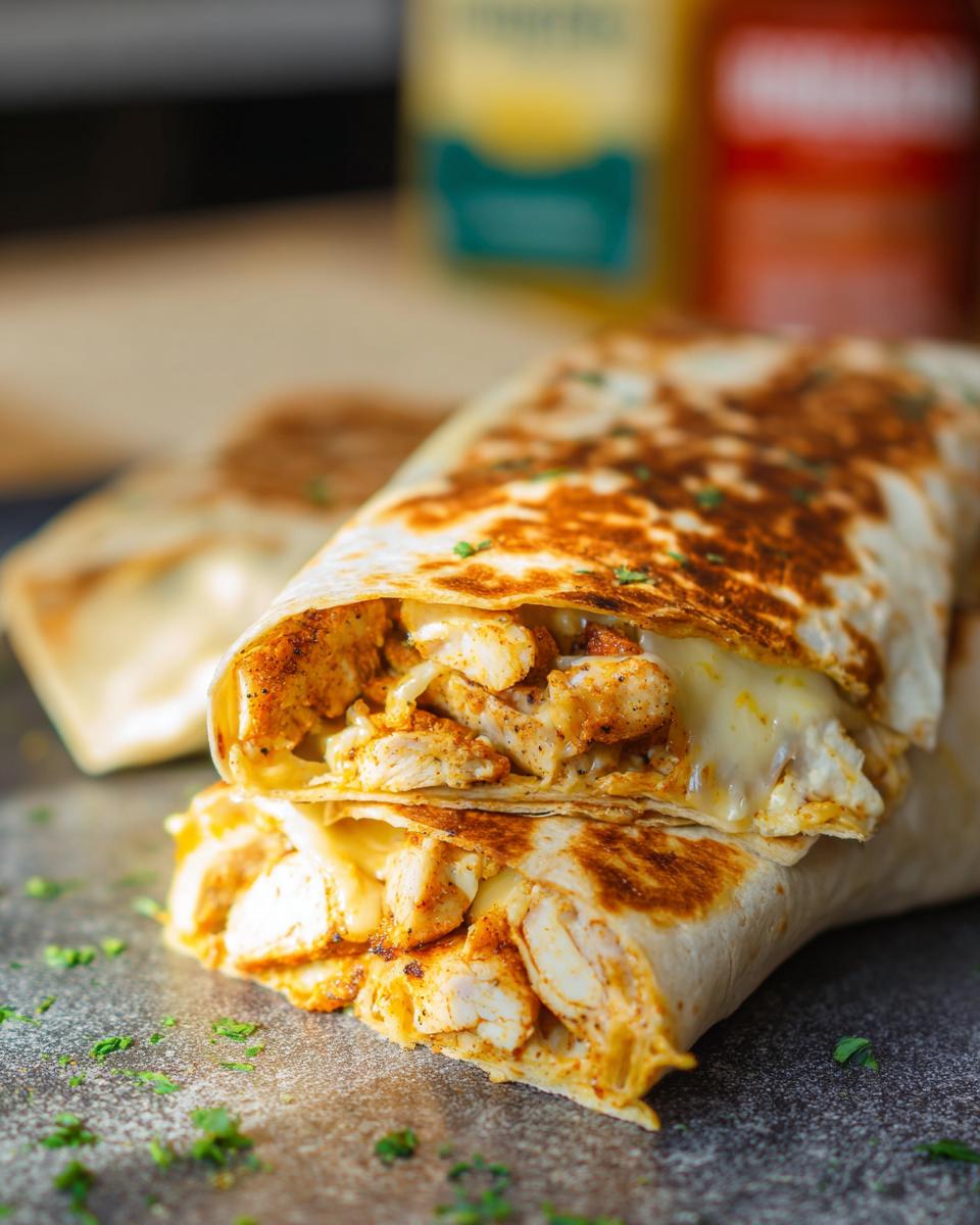 Close-up of Cozy Cheesy Garlic Chicken Wraps, showing seasoned chicken and melted cheese inside a grilled tortilla.